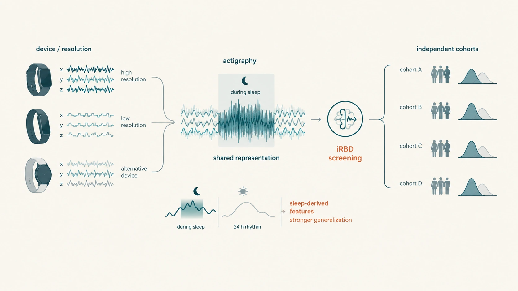Diagram of an iRBD screening model generalizing across wrist-worn device types and resolutions, validated on four independent cohorts with per-cohort probability distributions.