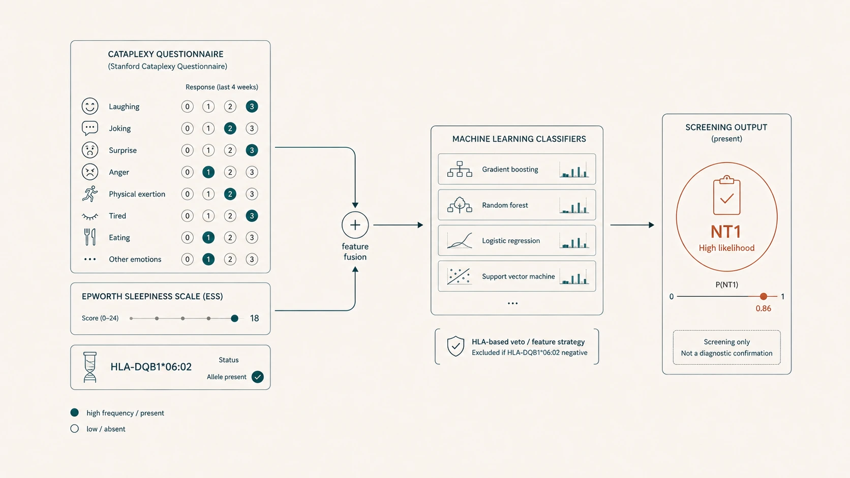 Diagram of a machine-learning classifier combining the Stanford Cataplexy Questionnaire, Epworth Sleepiness Scale, and HLA-DQB1*06:02 status to estimate narcolepsy type 1 likelihood.