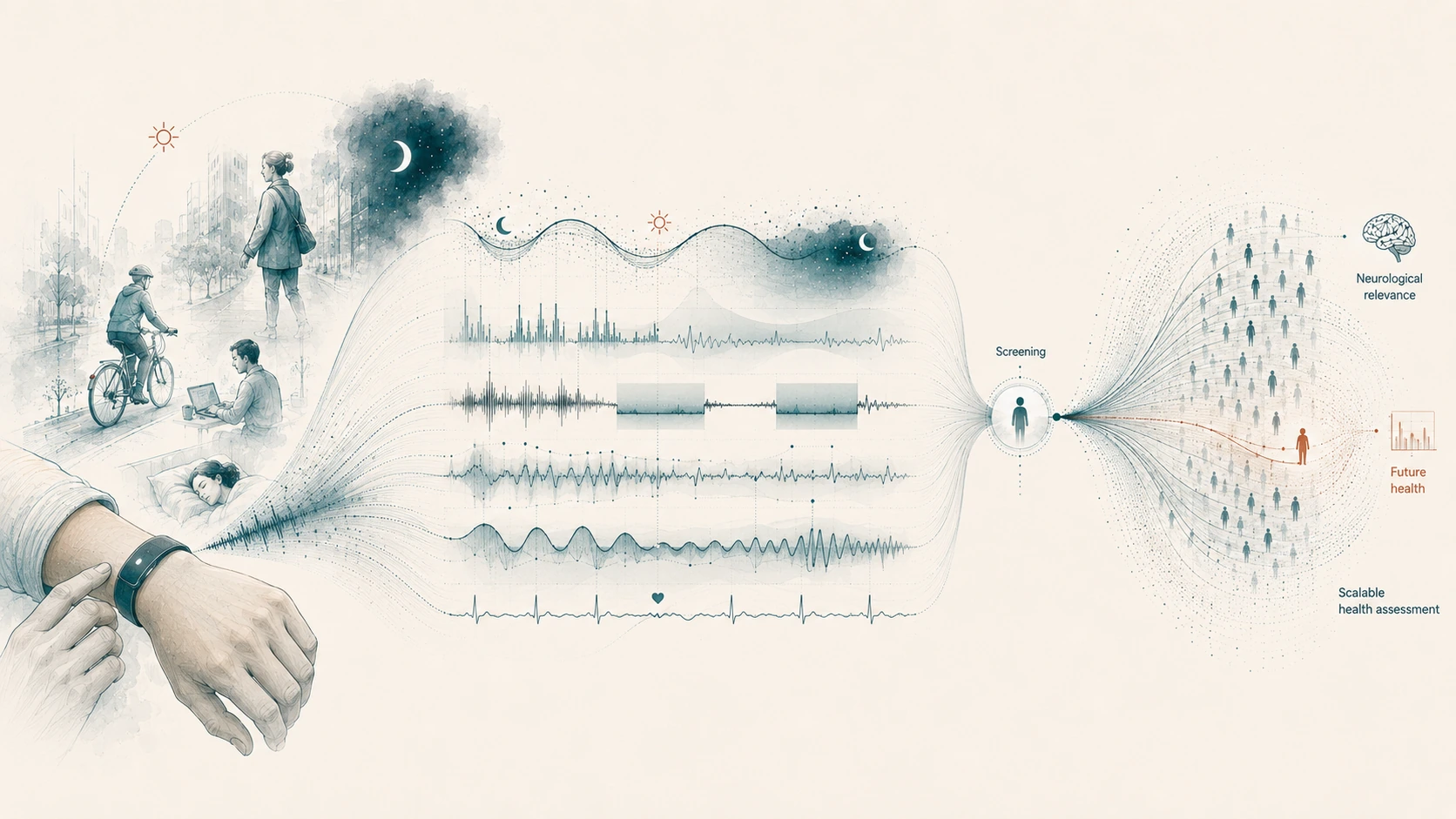 Illustration of a wrist-worn sensor threading a continuous stream of daily activity and physiological signals — walking, cycling, working, sleeping — through a screening step into a population of individuals, linked to neurological relevance, future health, and scalable health assessment.